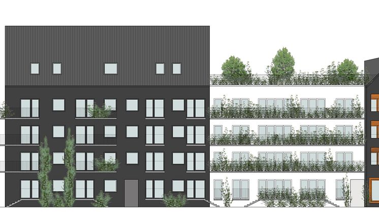 HSBs planerade projekt i kvarteret Spiggan, Sorgenfri. Tidig skiss av fasad mot sydväst.