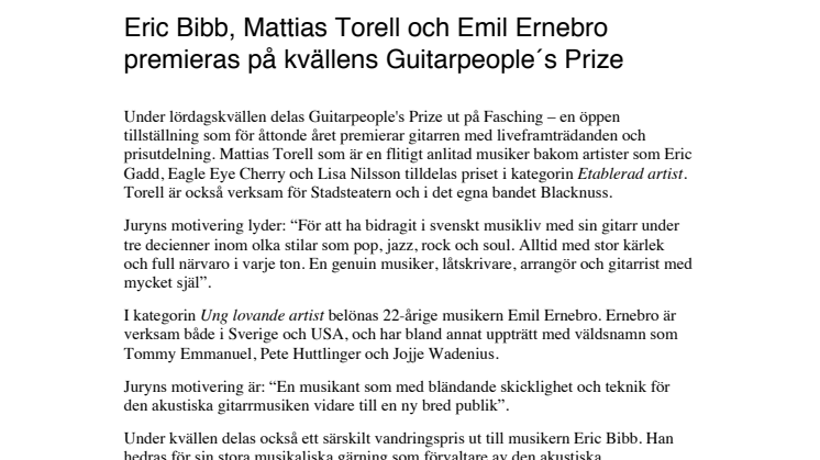 Eric Bibb, Mattias Torell och Emil Ernebro premieras på kvällens Guitarpeople´s Prize  