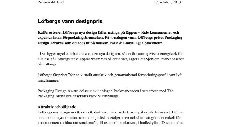 Löfbergs vann designpris