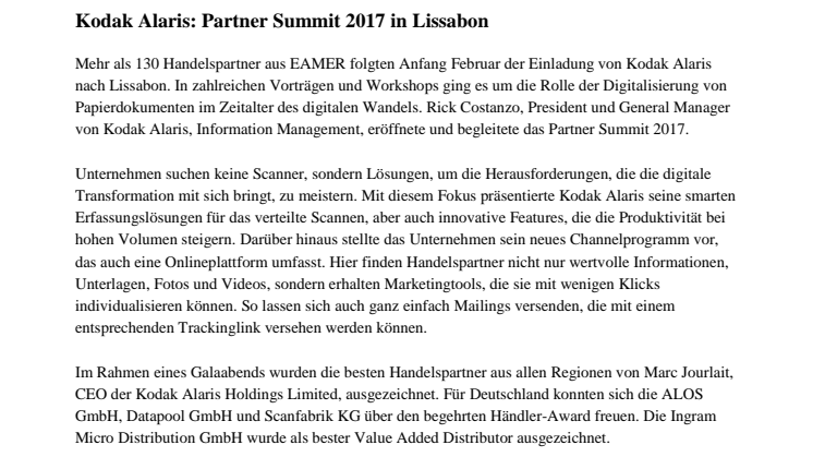 Kodak Alaris: Partner Summit 2017 in Lissabon