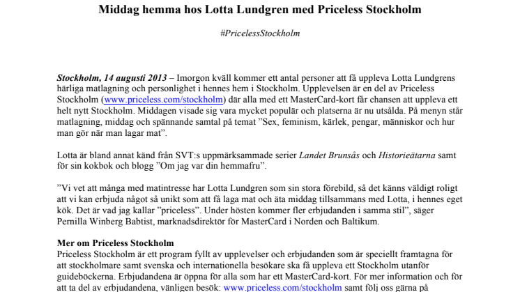 Middag hemma hos Lotta Lundgren med Priceless Stockholm