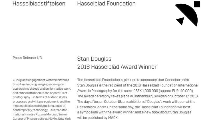 Stan Douglas - 2016 Hasselblad Award Winner