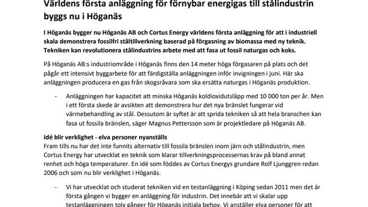 Världens första anläggning för förnybar energigas till stålindustrin byggs nu i Höganäs