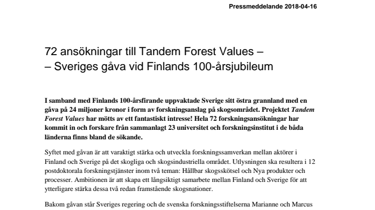 ​72 ansökningar till Tandem Forest Values – Sveriges gåva vid Finlands 100-årsjubileum