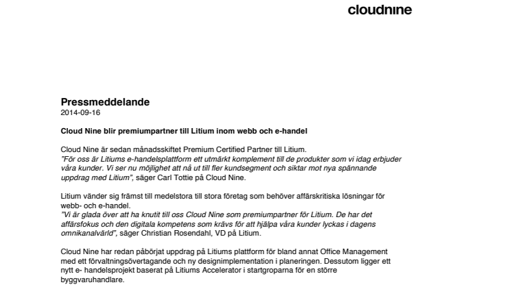 Cloud Nine blir premiumpartner för Litium inom webb och e-handel