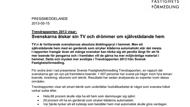 Trendrapporten 2013 visar: Svenskarna älskar sin TV och drömmer om självstädande hem 