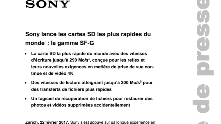 Sony lance les cartes SD les plus rapides du monde  : la gamme SF-G