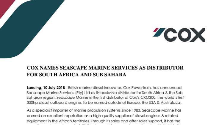 Cox Powertrain: Cox Names Seascape Marine Services as Distributor for South Africa and Sub Sahara