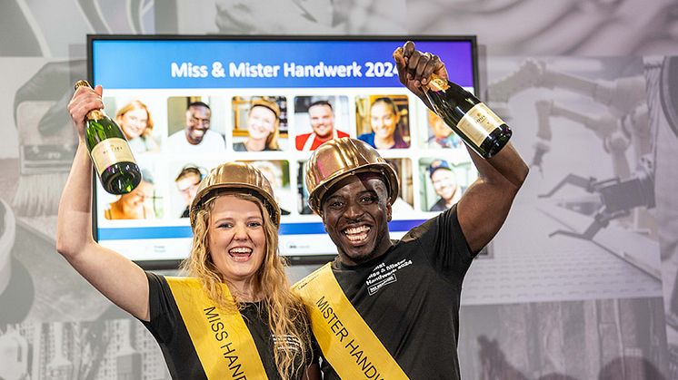 Miss und Mister Handwerk 2024 sind Lea Heuer, Zimmerin  aus Ahlen, und Ben Ngaleba, Maler und Lackierer aus Leverkusen. Foto: Thomas Plettenberg/Verlagsanstalt Handwerk 