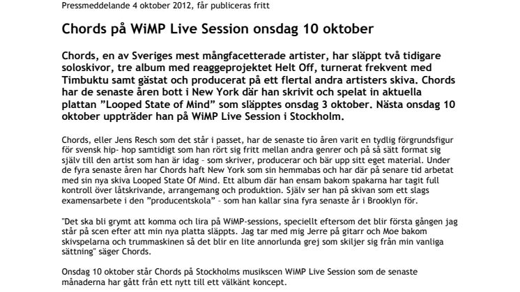 Chords på WiMP Live Session onsdag 10 oktober