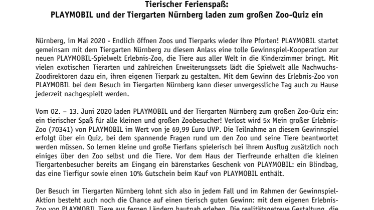 Tierischer Ferienspaß: PLAYMOBIL und der Tiergarten Nürnberg laden zum großen Zoo-Quiz ein