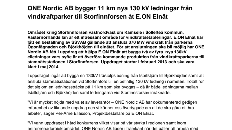 ONE Nordic AB bygger 11 km nya 130 kV ledningar från vindkraftparker till Storfinnforsen åt E.ON Elnät