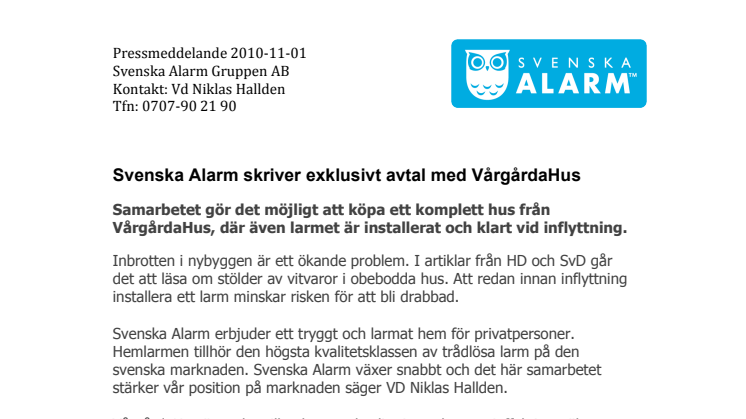 Svenska Alarm skriver exklusivt avtal med VårgårdaHus