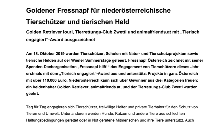 „Tierisch engagiert“-Award ehrt Golden Retriever Iouri, Tierrettungs-Club Zwettl und animalfriends.at