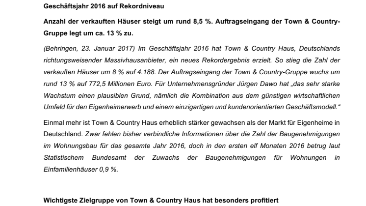 Town & Country Haus: Geschäftsjahr 2016 auf Rekordniveau