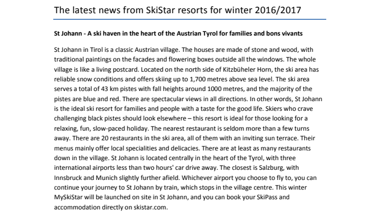 A presentation of SkiStar's news for winter 2016/17