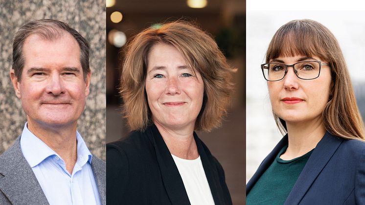 Mårten Lilja, vice vd på Riksbyggen, Johanna Frelin, vd för Riksbyggen och Johanna Bjurskog, bostadspolitisk expert på Riksbyggen.