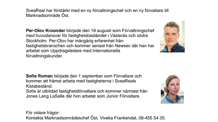 Per-Olov Kroonder och Sofie Roman till SveaReal i Öst 