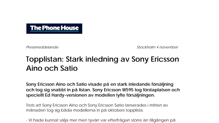 Topplistan: Stark inledning av Sony Ericsson Aino och Satio 
