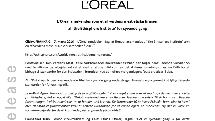 L'Oréal valgt som et af verdens mest etiske firmaer