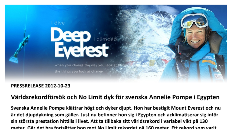 Världsrekordförsök och No Limit dyk för svenska Annelie Pompe i Egypten