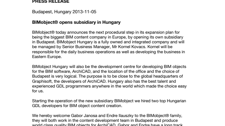 BIMobject® opens subsidiary in Hungary