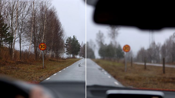Höger sida visar en uppskattning av hur var femte bilist ser. De har en skärpa som är visus 0,5 eller sämre vilket innebär att de börjar se oskarpt på ca 1-2 meters avstånd. Foto: Petter Magnusson/PMAG