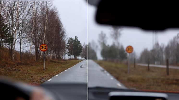 Höger sida visar en uppskattning av hur var sjätte bilist ser. De har en skärpa som är visus 0,5 eller sämre vilket innebär att de börjar se oskarpt på ca 1-2 meters avstånd.  Foto: Petter Magnusson