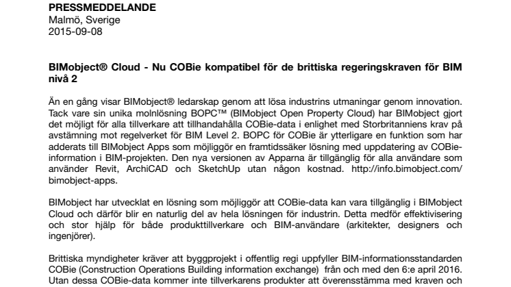 BIMobject® Cloud - Nu COBie kompatibel för de brittiska regeringskraven för BIM nivå 2
