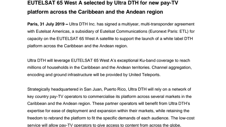 EUTELSAT 65 West A selected by Ultra DTH for new pay-TV platform across the Caribbean and the Andean region