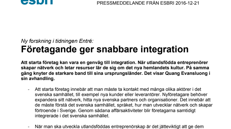 Ny forskning i tidningen Entré: Företagande ger snabbare integration