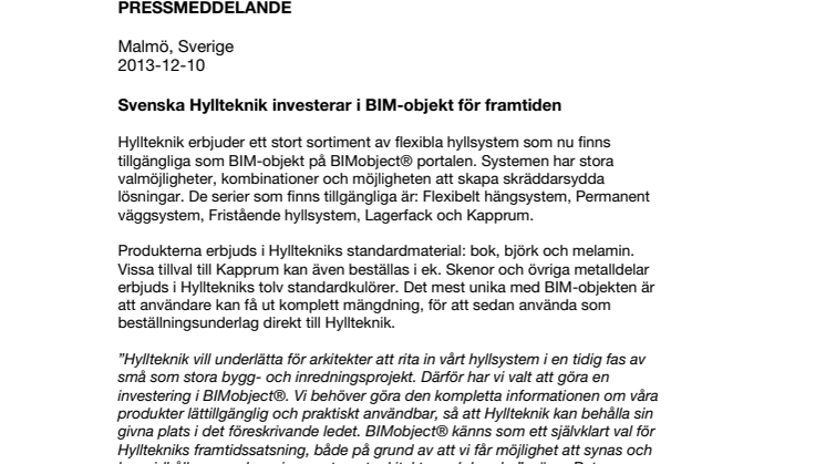 Svenska Hyllteknik investerar i BIM-objekt för framtiden