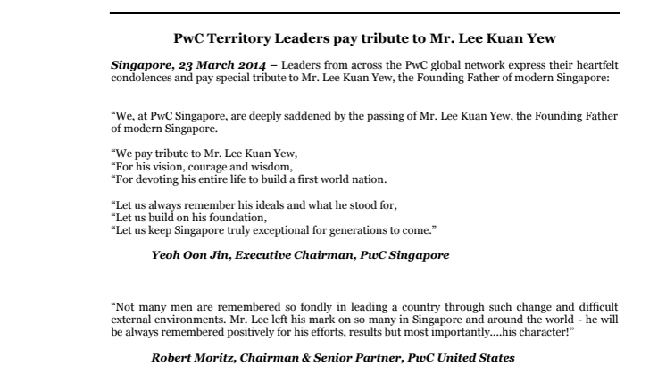 PwC Territory Leaders pay tribute to Mr. Lee Kuan Yew
