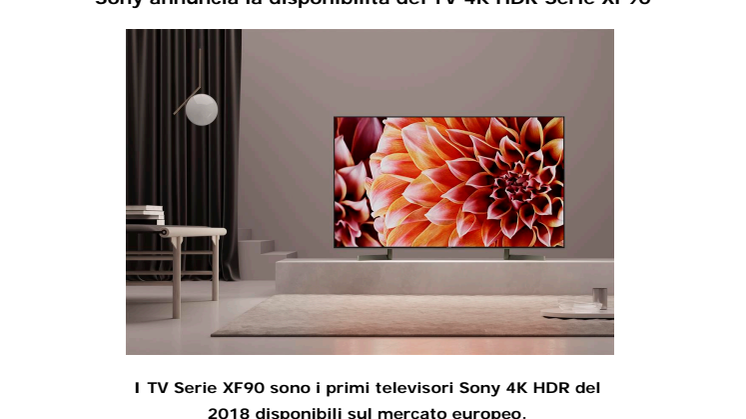 Sony annuncia la disponibilità dei TV 4K HDR Serie XF90