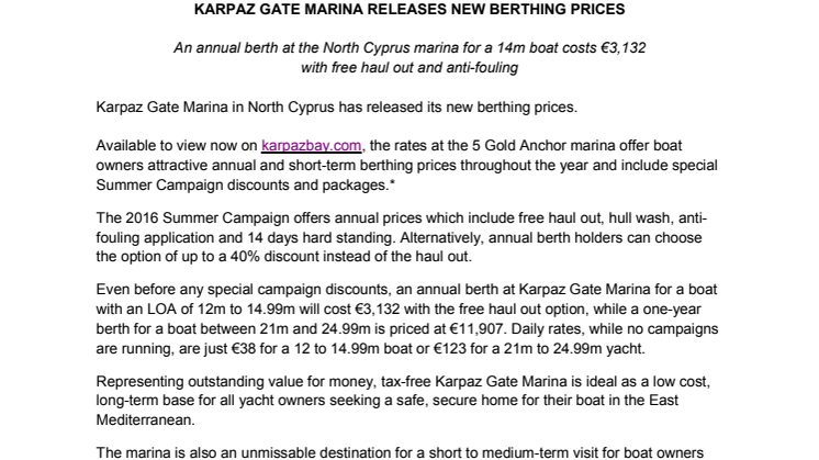 Karpaz Gate Marina:Releases New Berthing Prices