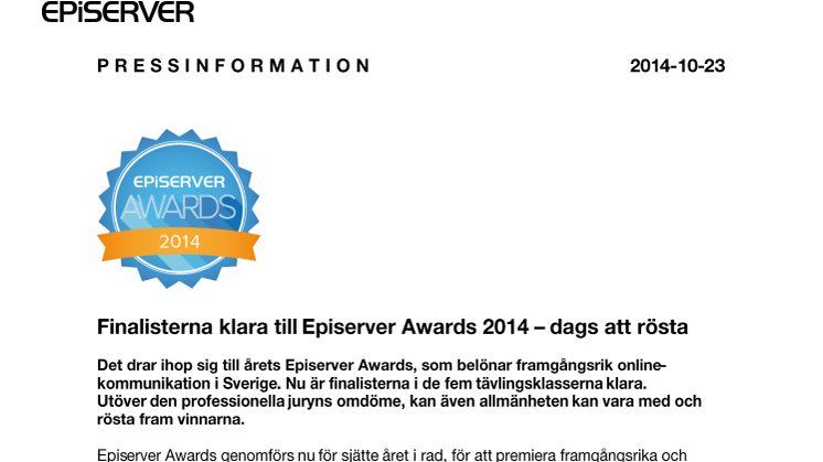 Finalisterna klara till Episerver Awards 2014 – dags att rösta