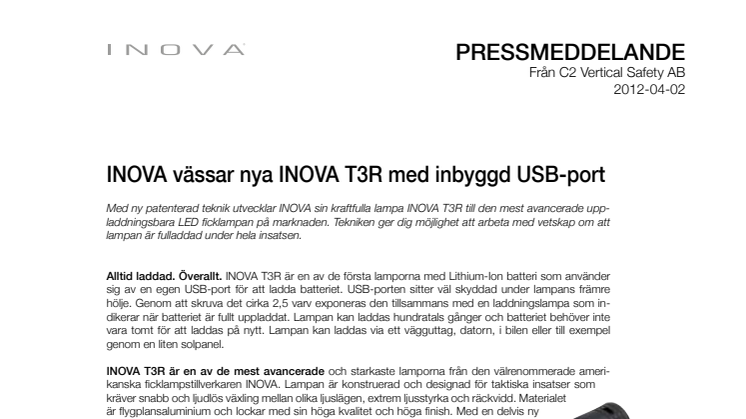 INOVA vässar nya INOVA T3R med inbyggd USB-port