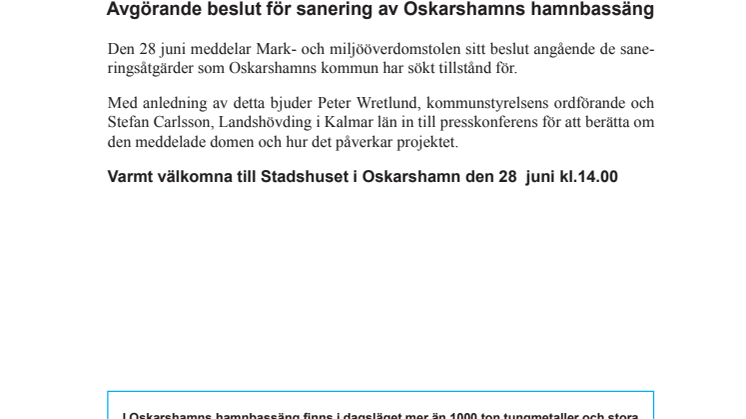 Oskarshamns kommun bjuder in till presskonferens om hamnsanering
