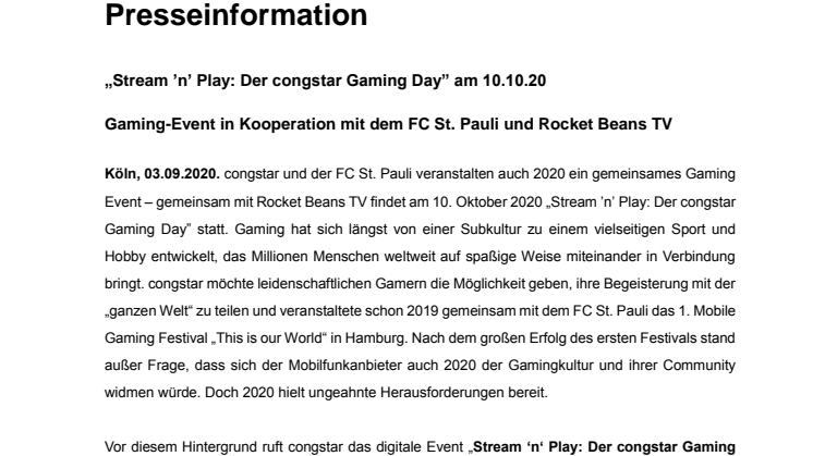 „Stream ’n’ Play: Der congstar Gaming Day” am 10.10.20