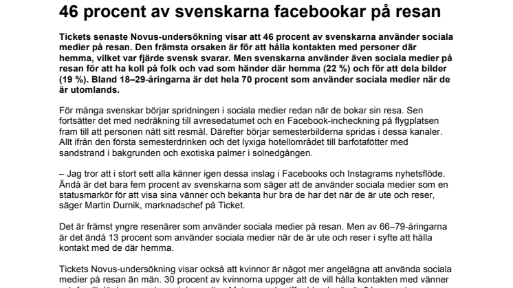 46 procent av svenskarna facebookar på resan