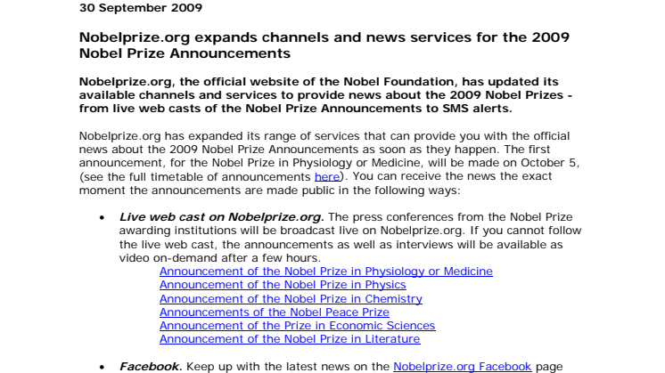 Nobelprize.org expands channels and news services for the 2009 Nobel Prize Announcements