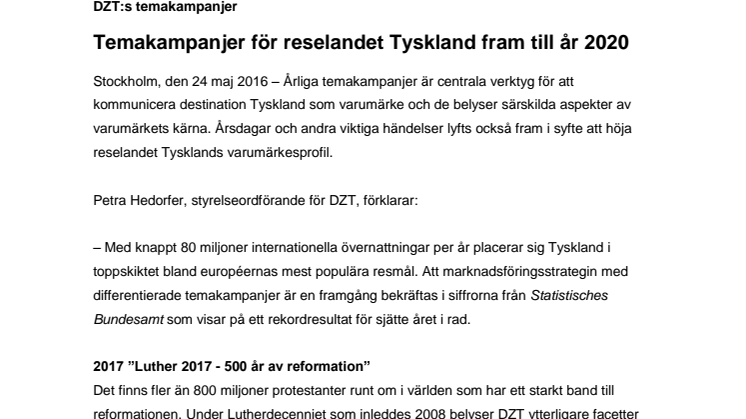 Temakampanjer för reselandet Tyskland fram till 2020