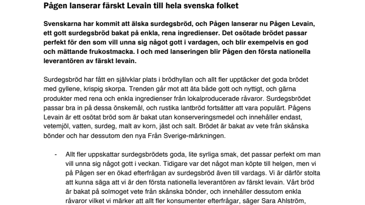 Pågen lanserar färskt Levain till hela svenska folket