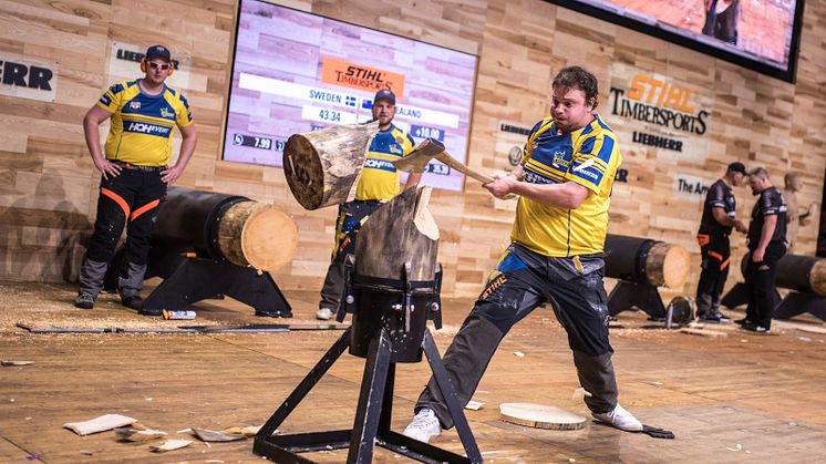 Svenska landslaget under VM i Liverpool 2018. Foto: STIHL Timbersports. 