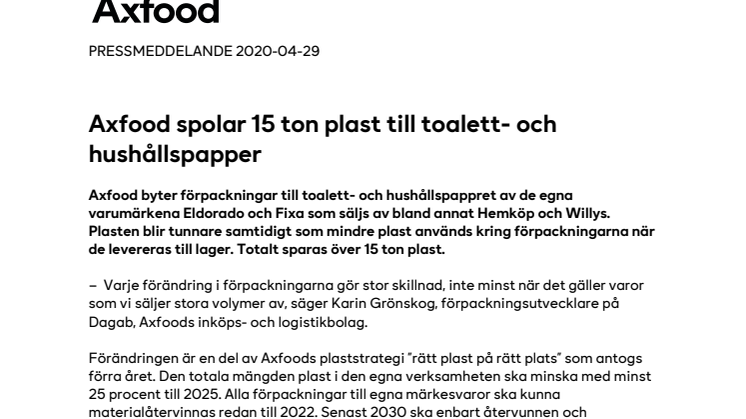 Axfood spolar 15 ton plast till toalett- och hushållspapper