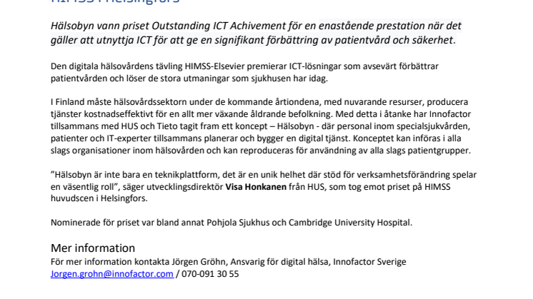 ​Det digitala sjukhuset Hälsobyn vann eftertraktat pris under HIMSS i Helsingfors