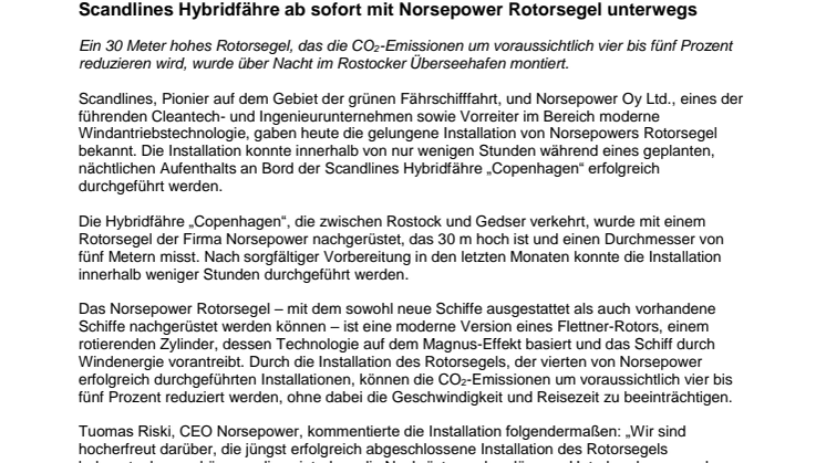 Scandlines Hybridfähre ab sofort mit Norsepower Rotorsegel unterwegs