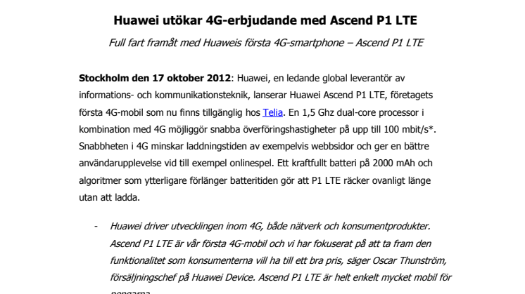 Huawei utökar 4G-erbjudande med Ascend P1 LTE