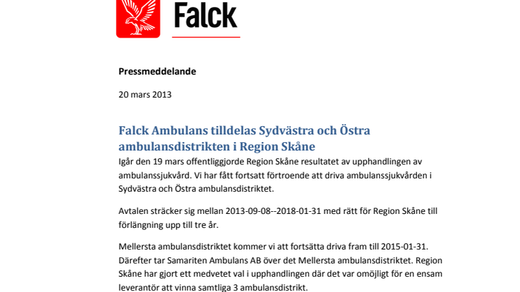 Falck Ambulans tilldelas Sydvästra och Östra ambulansdistrikten i Region Skåne