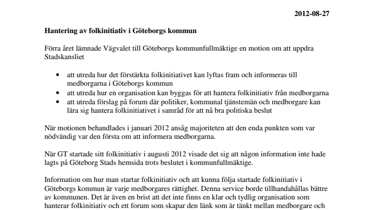 Vägvalet lämnar interpellation om hantering av folkinitiativ i Göteborgs kommun